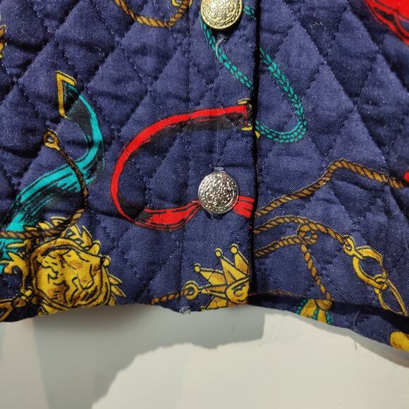 Vintage 80s Women's Sz 5/6 Blue Cropped Quilted Jacket Gold Buttons Mob Wife - Picture 3 of 8